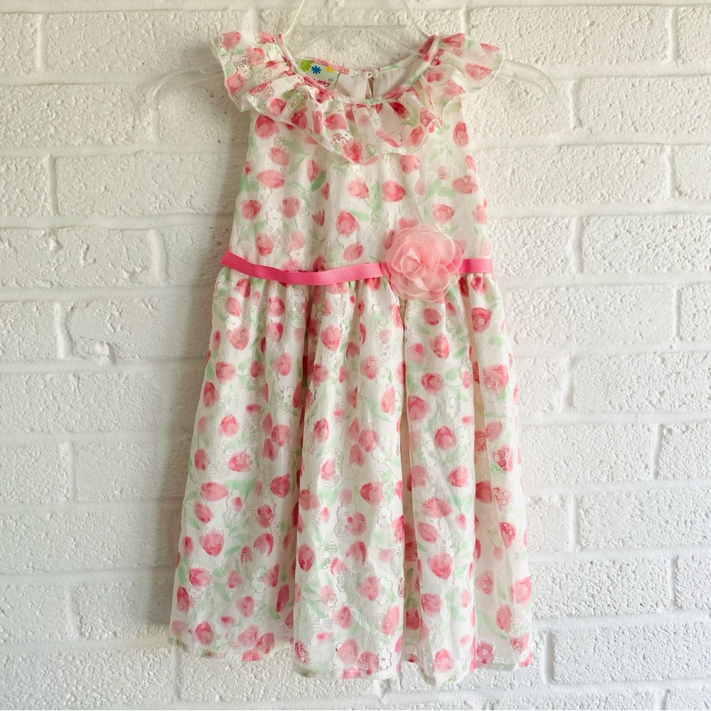 Samara Pink White Floral Dress Lace Easter Size 5 Sleeveless Ruffle New Church